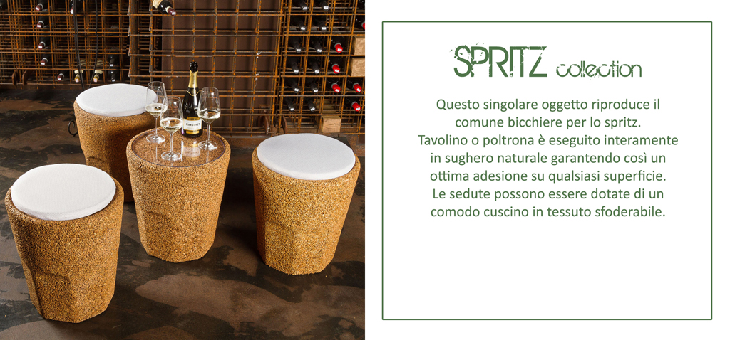 tavolini e sgabelli a forma di bicchiere da spritz in sughero pieno naturale